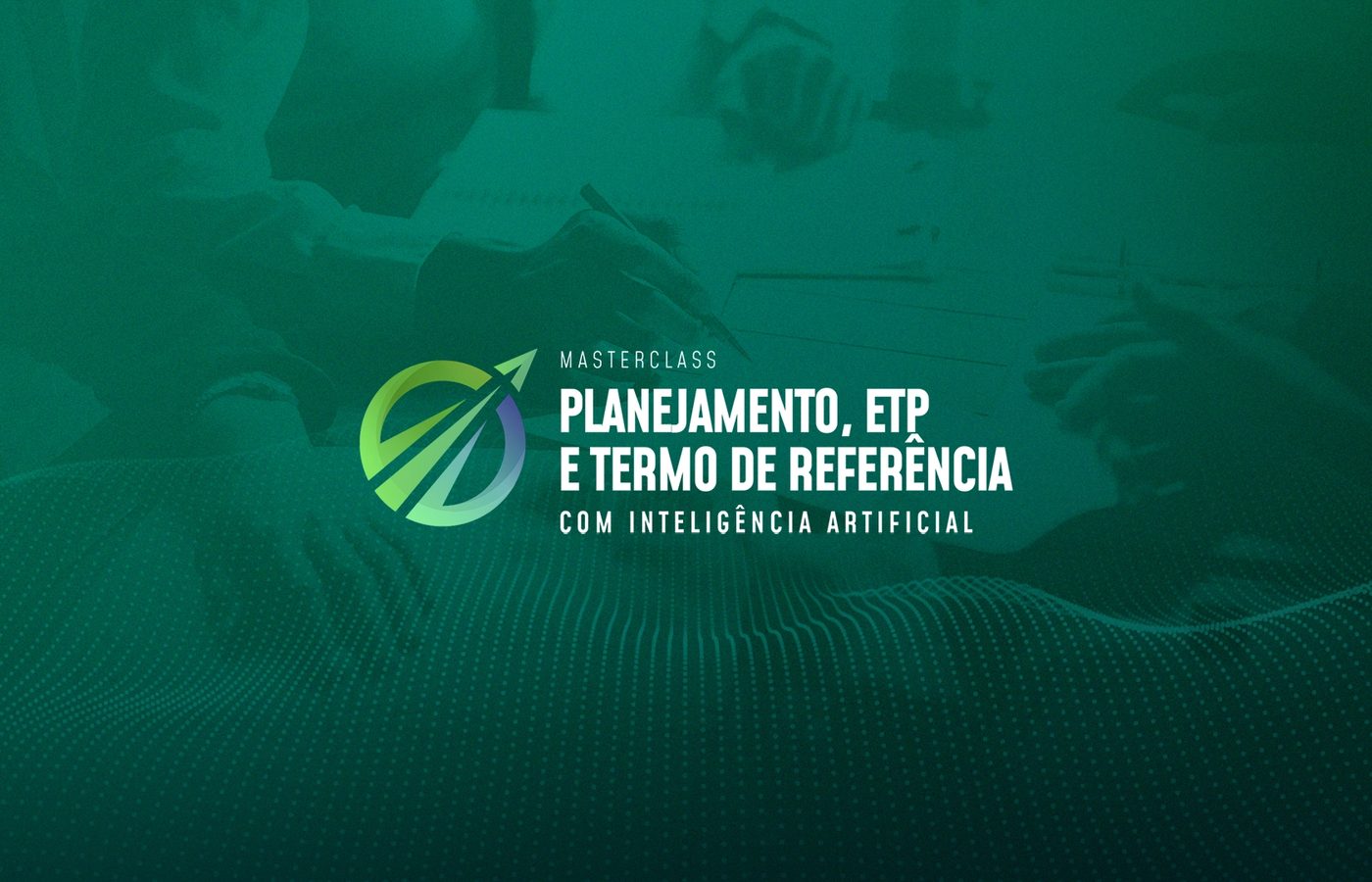 Notebook aberto exibindo a arte da Masterclass de Planejamento, ETP e Termo de Referência com Inteligência Artificial